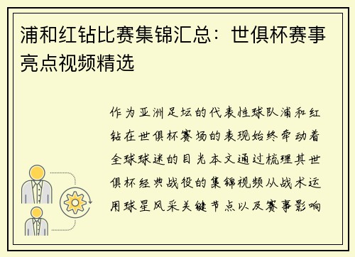 浦和红钻比赛集锦汇总：世俱杯赛事亮点视频精选