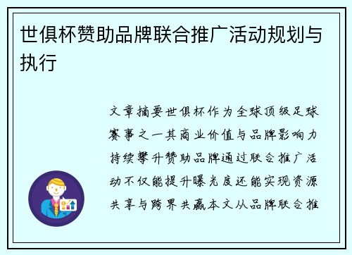 世俱杯赞助品牌联合推广活动规划与执行